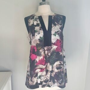 Lafayette 148 New York Floral Split Neck Tank Top Back Zip, Size Medium